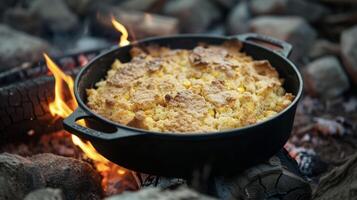 couches de friable très pain au maïs mêler avec juteux morceaux de rôti poulet dans cette feu de camp préféré. le bouillonnant pot est assis un haut embrasé braise création une chaud et inviter photo