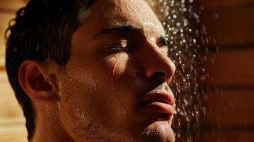 une fermer de une mans visage dans le sauna transpiration ruisselant vers le bas le sien front comme le sien peau se resserre et réduit les rides. photo