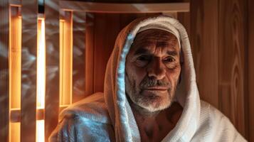 une homme entrer le sauna sentiment fatigué et drainé mais optimiste cette le infrarouge La technologie volonté fournir certains relief. photo