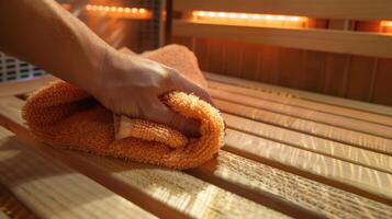 une la personne en utilisant une serviette à essuyer une façon transpiration tandis que à l'intérieur un infrarouge sauna. photo