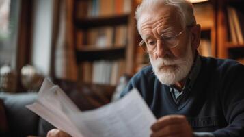 un personnes âgées homme Commentaires important les documents avec le sien avocat soigneusement considérant le meilleur les options pour le sien biens photo