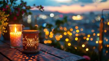 le toit terrasse transformé dans une sanctuaire de interne paix et tranquillité entouré par le doux lumière de bougies. 2d plat dessin animé photo