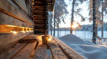 une silencieux moment de réflexion dans le sauna entouré par le sérénité de une hiver paysage et le chaleur de le sauna. photo