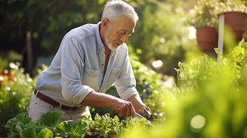 un personnes âgées homme travaux avec diligence dans le sien jardin tendre à le sien florissant cultures avec une sens de objectif et fierté découverte une nouveau passion pour jardinage dans le sien retraités photo