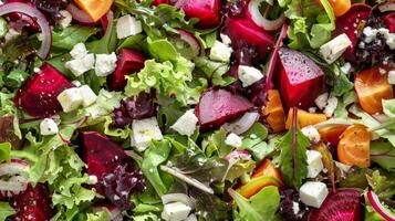 une coloré salade de mixte légumes verts rôti betteraves feta fromage et une acidulé vinaigrette pansement photo