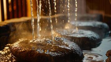 une la personne verser l'eau sur chaud rochers dans une sauna création une humide et guérison environnement pour migraine malades. photo