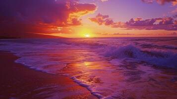 une paisible plage scène avec le du son de s'écraser vagues et un Orange et violet ciel invite méditation et cocktails sans alcool à tout temps de journée photo