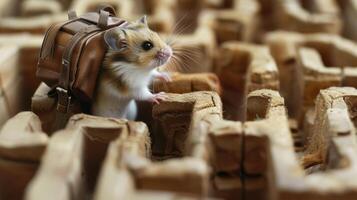 un adorable hamster des sports une miniature designer sac à dos comme il pendant très longtemps pour traite dans un de manière complexe conçu Labyrinthe photo