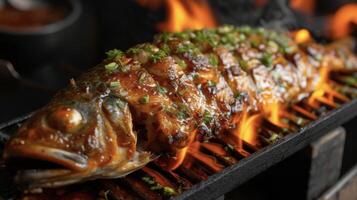 le fascinant Danse de flammes comme une entier poisson est habilement grillé et arrosé avec une acidulé glaçage. cette style vietnamien plat est une le banquet pour tous les deux le yeux et goût bourgeons photo