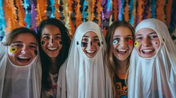 une groupe de copains pose pour une photo dans de face de une sur le thème d'Halloween photo cabine portant Créatif costumes tel comme une fantôme feuille avec googly yeux