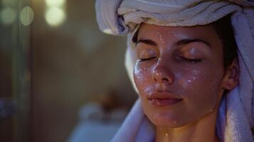 une femme enveloppements une serviette autour sa tête comme elle feuilles le sauna sa peau embrasé et sa esprit rajeuni. photo