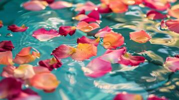 coloré fleur pétales flotte sur le surface de le l'eau ajouter une toucher de fantaisie et romance à votre spa expérience. 2d plat dessin animé photo
