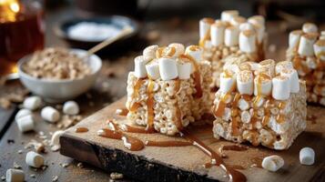 satisfaire votre sucré dent par le Feu avec ces fait maison riz Krispie traite dans e formes et orné avec blanc Chocolat et caramel bruine. le arôme de grillé guimauve photo