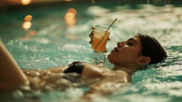 Quelqu'un mensonge dans une baignoire rempli avec cool l'eau sirotant sur une boisson comme elles ou ils se détendre après le sauna. photo