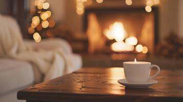 une minimaliste café table est assis dans de face de le cheminée parfait pour repos une chaud tasse de cacao. 2d plat dessin animé photo