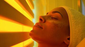 le embrasé radiant peau de une la personne qui a régulièrement incorporé sauna sessions dans leur Lyme maladie traitement planifier. photo