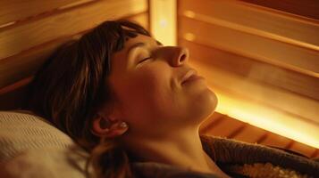 une femme mensonge sur une banc dans une sauna sa yeux fermé dans relaxation comme elle respire profondément. photo
