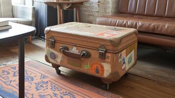 une ancien valise tourné dans une élégant côté table avec le original Voyage autocollants et Étiquettes ajouter une toucher de nostalgie photo