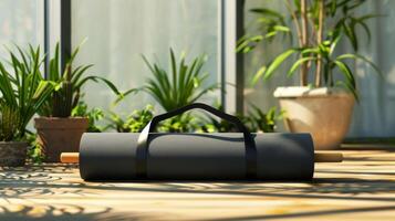 Vide maquette de une voyage convivial pliable yoga tapis avec une porter gérer. photo