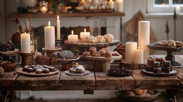 une rustique en bois table est orné avec vacillant bougies et débordé avec décadent Chocolat traite tentant même le plus discipliné de palais. 2d plat dessin animé photo