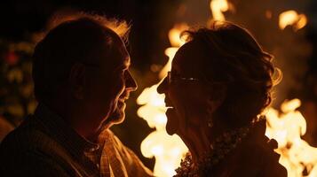le vue de le fascinant flammes reflète dans le des couples yeux comme elles ou ils partager histoires et se souvenir à propos leur souvenirs. 2d plat dessin animé photo