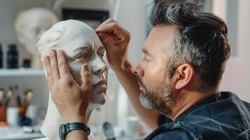 le instructeur donnant une manifestation sur Comment à créer réaliste faciale Caractéristiques en utilisant une combinaison de sculpture et La peinture techniques photo