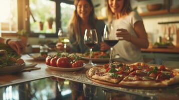 deux copains en riant et profiter une verre de du vin comme elles ou ils travail ensemble à créer leur chef-d'oeuvre Pizza photo