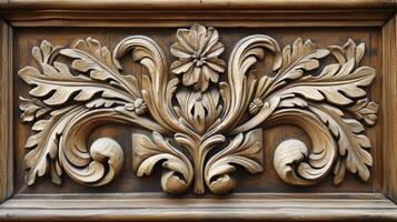 une fermer image de une sculpté à la main en bois porte magnifiquement restauré à ses original gloire en utilisant traditionnel flamand travail du bois techniques photo