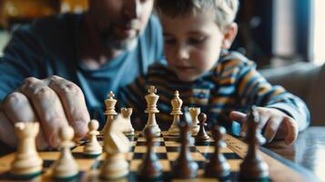 une père et fils en jouant une Jeu de échecs dans une paisible salon zone tandis que attendre pour leur programmé spa traitements. photo