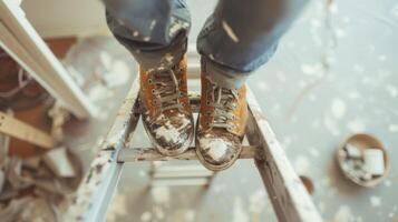 une les personnes pieds couvert dans peindre taches et permanent un haut une échelle travail sur le plafond de une pièce photo