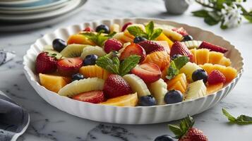 une grand rond portion plat dans une crémeux blanc teinte idéal pour mettant en valeur une coloré fruit salade. photo