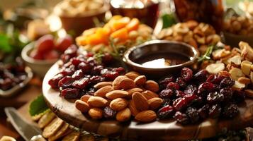 une plat de séché fruit et des noisettes comme une entrée servi avec artisanal craquelins et y trempettes photo