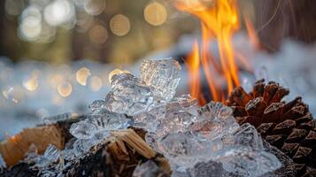 le parfum de fraîchement sculpté la glace remplissage le air mixte avec le boisé arôme de brûlant bois de chauffage. 2d plat dessin animé photo