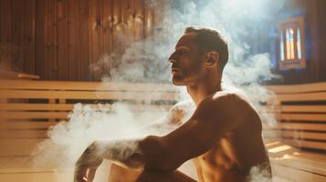 une homme séance dans une sauna entouré par chaleur et vapeur photo