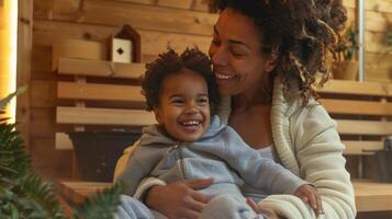 une mère et sa enfant profiter une doux respectueux des voies respiratoires sauna session collage et amélioration leur poumon une fonction ensemble. photo