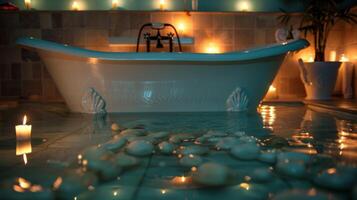 une griffe baignoire entouré par un tableau de bougies moulage une doux lumière sur le des murs et reflétant de le l'eau. le doux du son de la musique pouvez être entendu dans le Contexte 2d plat dessin animé photo