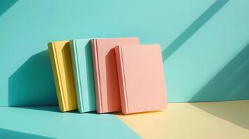 Vide maquette de une ensemble de couleur pastel des cahiers génial pour ajouter une pop de Couleur à votre bureau. photo