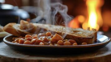 une embué assiette de grillé pain et riches cuit des haricots le parfait confort nourriture pour une froid soir dans de face de le vacillant cheminée photo