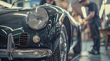 comme le projet vient à une proche le Hommes prendre une moment à réfléchir sur le temps et effort mettre dans restauration le ancien voiture sentiment contenu et rempli photo