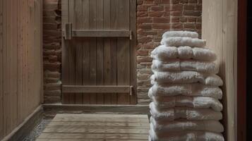 piles de duveteux les serviettes soigneusement empilés à côté de le porte de le sauna attendre à être enveloppé autour le corps après une rajeunissant session. photo