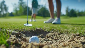 une golfeur reçoit bricoleur instruction de une pro apprentissage Comment à frappé une difficile coup de une le sable photo