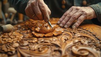 une fermer coup de une menuisiers mains habilement sculpture complexe dessins sur une fabriqués à la main à manger table mettant en valeur le talent artistique et compétence impliqué dans création unique photo