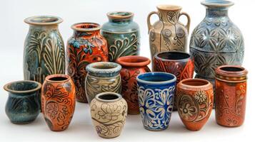 une collection de fini sgraffite poterie pièces mettant en valeur une variété de décoratif dessins et couleurs. photo