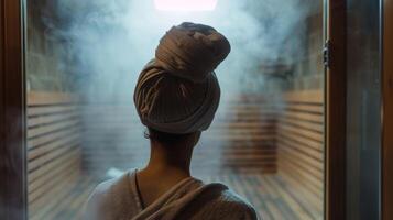 une femme avec sa cheveux enveloppé dans une serviette des stands dans de face de une brumeux sauna porte vivement anticipant sa tour à entrer. photo