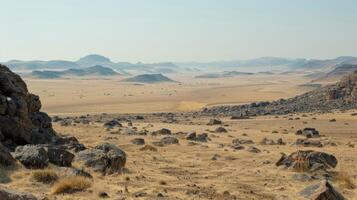 le poussiéreux paysage s'étire en dehors avant leur une vaste étendue de robuste terrain et rocheux affleurements photo