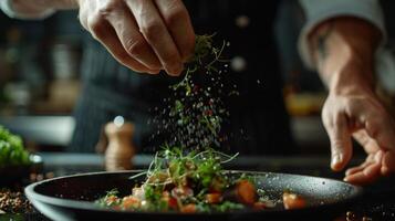 une fermer coup de une chefs mains habilement saupoudrage herbes plus de une plat capturé dans parfait concentrer photo