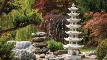 embrasse le sérénité de une d'inspiration japonaise jardin avec une céramique pagode sculpture apportant équilibre et harmonie à le espace. photo