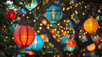 coloré lanternes et Fée lumières enfilé entre des arbres ajouter à le de fête atmosphère à le conscient en buvant Festival photo