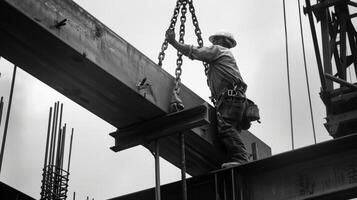 une construction ouvrier en utilisant une puissant grue à soigneusement ascenseur et endroit une grand acier faisceau sur le les soutiens photo