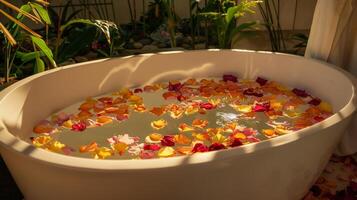 le une baignoire est orné avec pétales de coloré fleurs ajouter une toucher de élégance à le déjà luxueux réglage photo